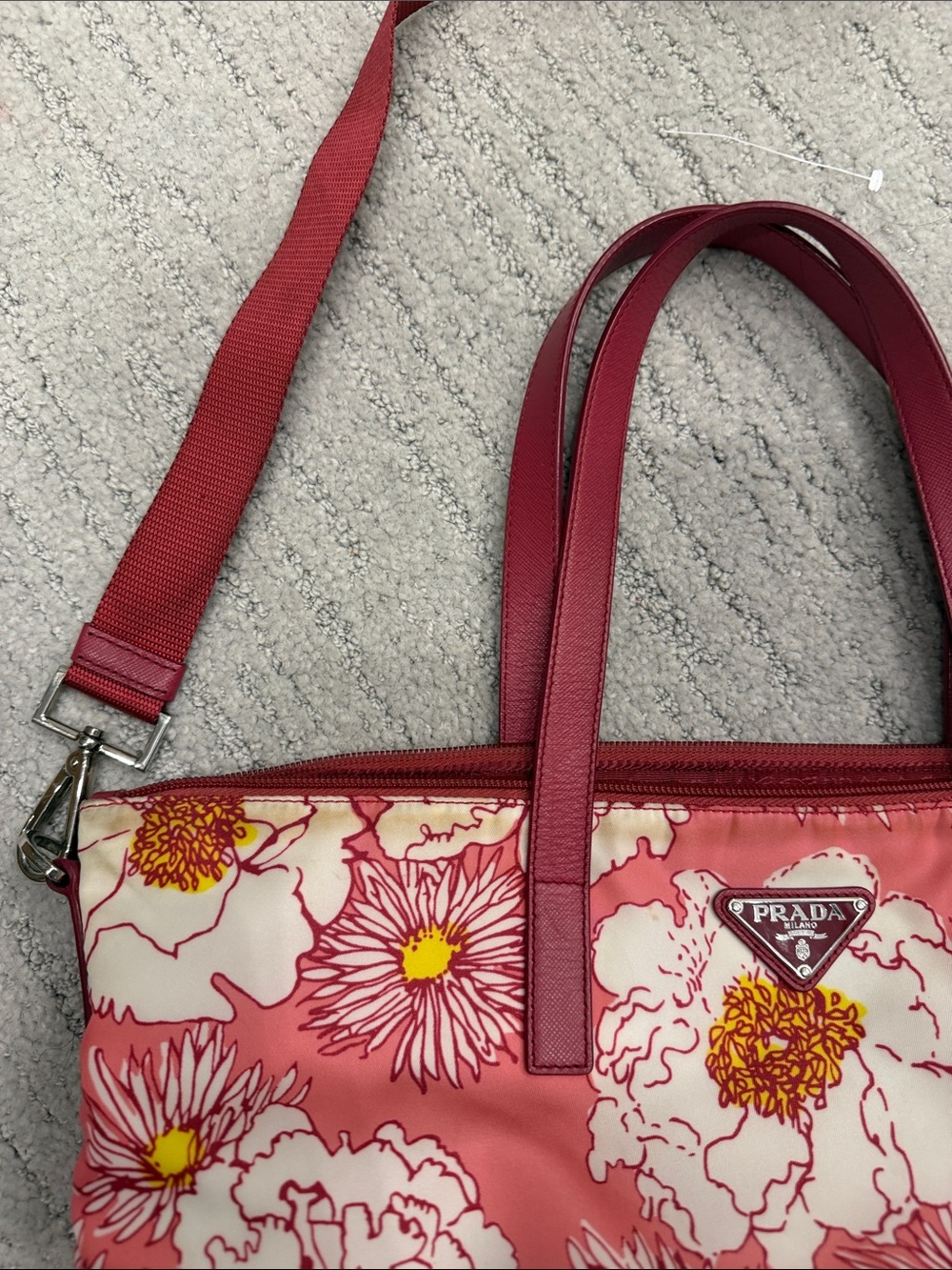 Prada Pink Floral Tote with Red Strap - Picture 2 of 12